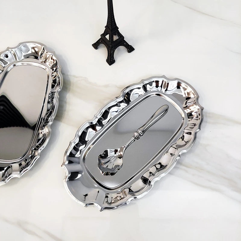 plateau service vintage bord ondulé acier inoxydable rangement bijoux assiette collation décoration table fourchette