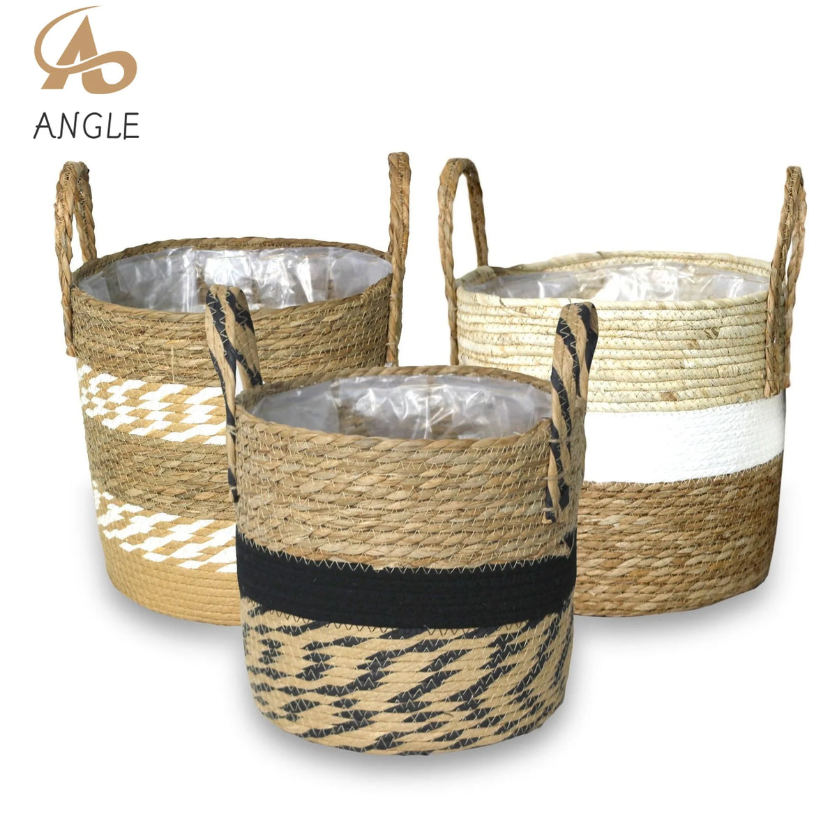 paniers rangement boho blanc rayures naturel bordure noire pliables stockage maison jardin