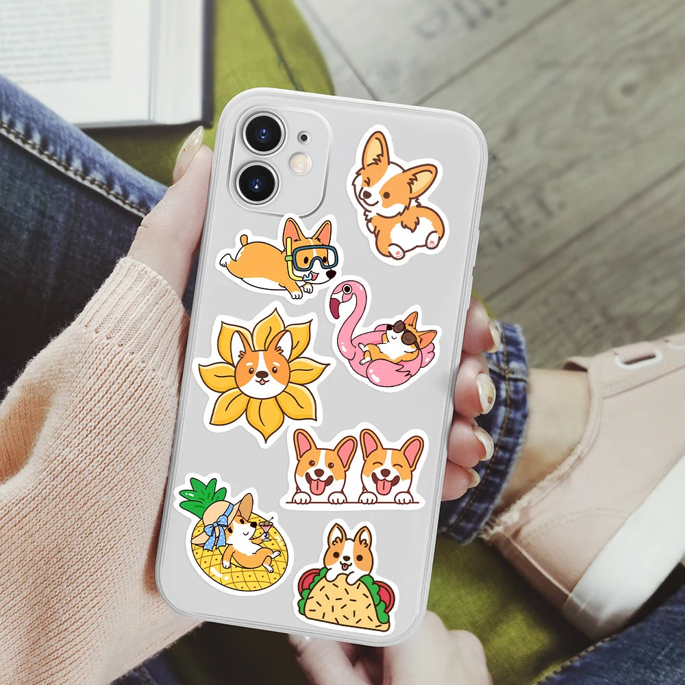 stickers autocollants dessins animés chiens corgis orange blanc bleu jaune vert rose bruns waterproof