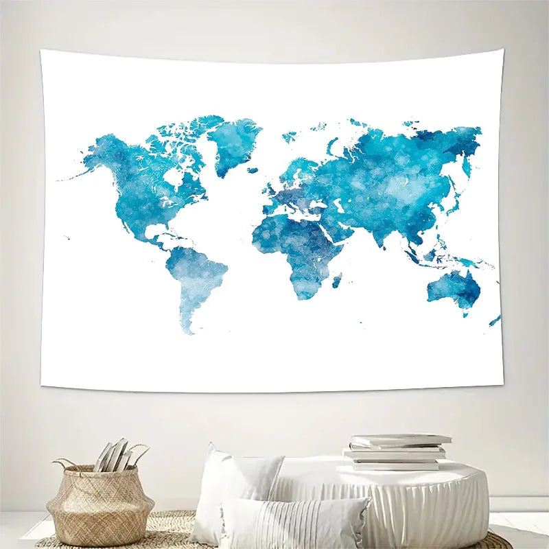 tapisserie murale carte monde bleu blanc moderne aquarelle décoration chambre salon polyester grande taille