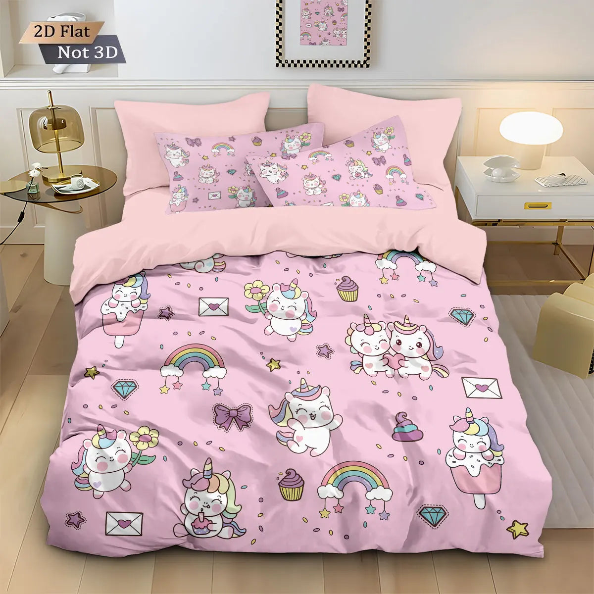 housse couette licorne mignonne rose clair dessin animé oreiller lit pièces polyester lavable machine