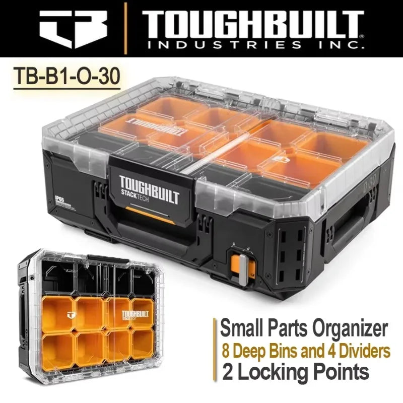 boîte organisatrice compartiments noir orange pragmatique résistante clips adhésif profonds diviseurs verrouillage petits outils