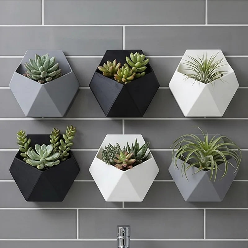 jardinière murale suspendue hexagonale geometrique moderne gris noir blanc vis fixationsintérieur salon balcon entrée