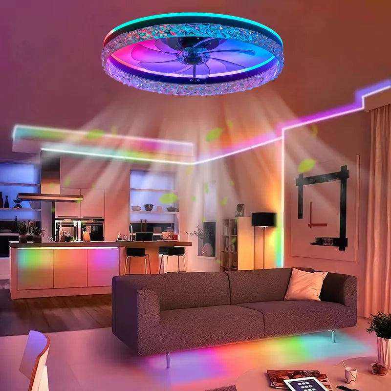 ventilateur led intelligent rvb vitesses ciel étoilé moderne cristal translucent télécommande
