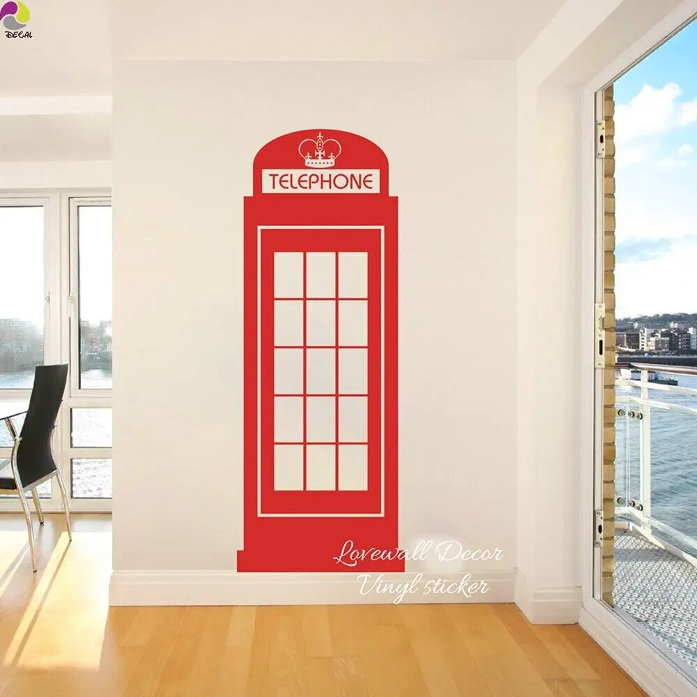 autocollant mural cabine telephone rouge marron retro fenetres divisées adhésif grande taille chambre salon
