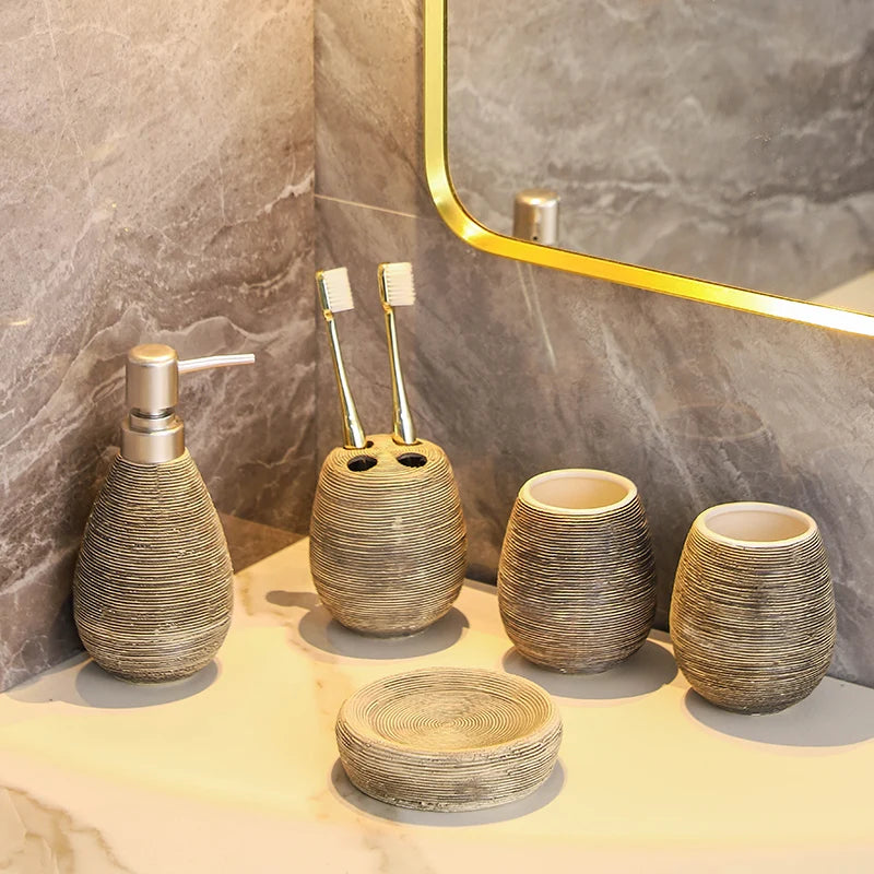 ensemble salle bain moderne tissage texture plateau savon brosse dents gobelet distributeur liquide beige