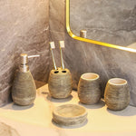ensemble salle bain moderne tissage texture plateau savon brosse dents gobelet distributeur liquide beige
