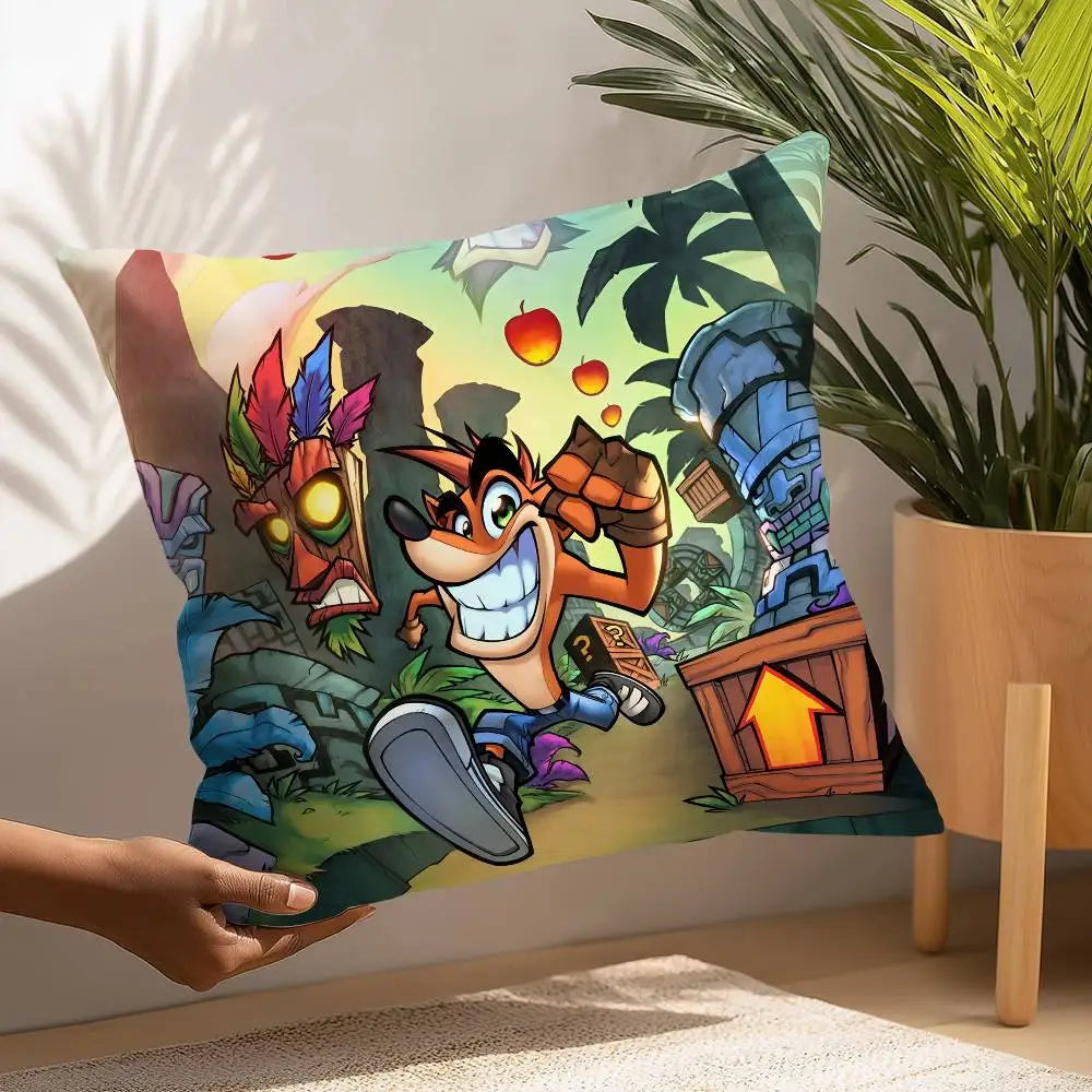 coussin décoratif carré crash bandicoot microfibre peluche cartoon orange bleu chambre salon enfant