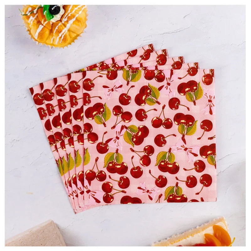 serviettes jetables rose clair cerises feuilles vertes fond rose moderne opaques pack 20PCS