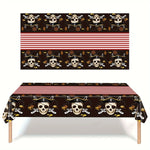 nappe pirate anniversaire crânes sabres chapeaux ancre decoration table noire rouge blanche dorée