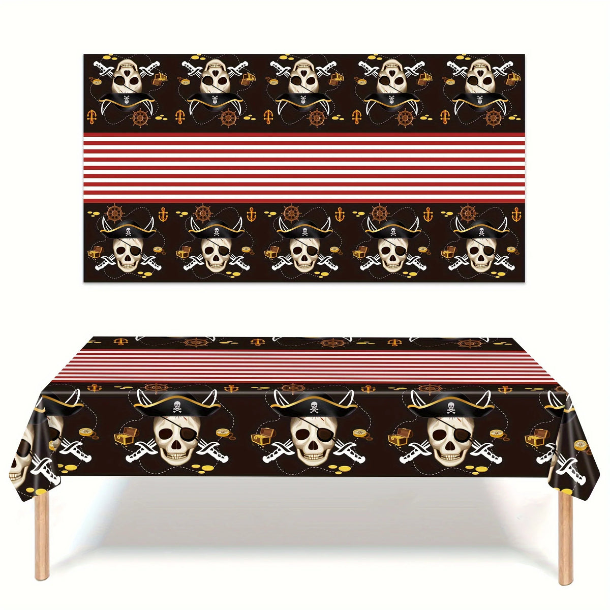 nappe pirate anniversaire crânes sabres chapeaux ancre decoration table noire rouge blanche dorée