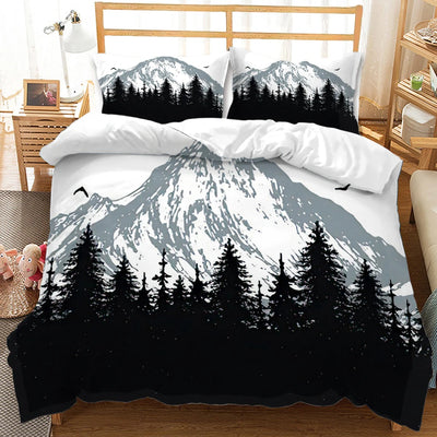 Housse de couette 3D montagne forêt pour enfants sur un lit