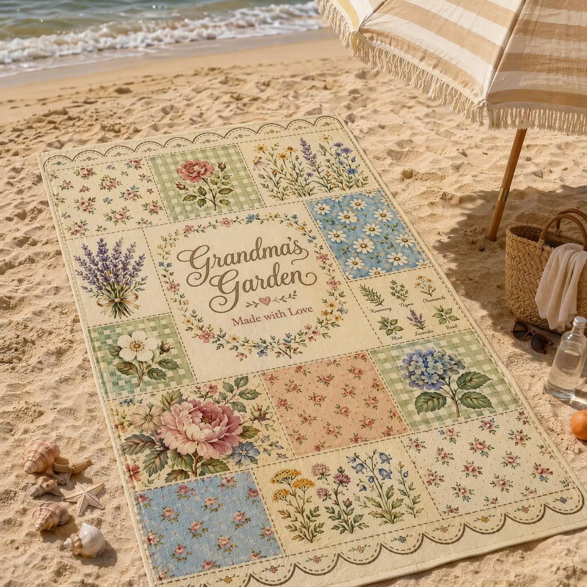 tapis patchwork floral vintage rose vert bleu bordure dentelée sec rapide machine simple