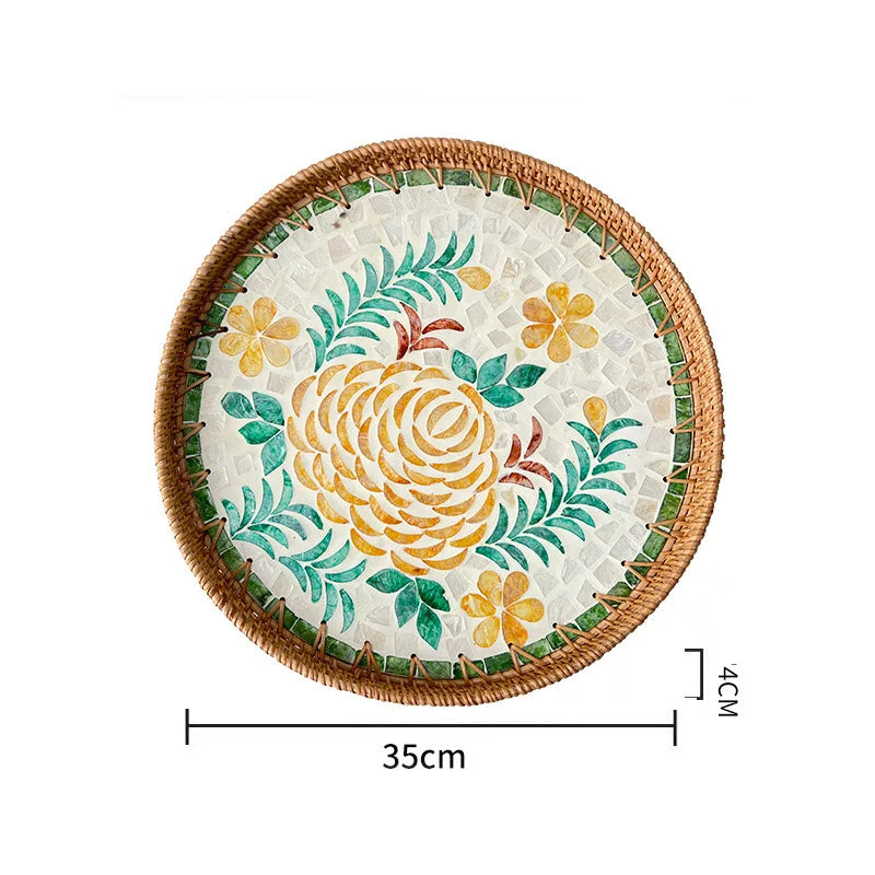 assiette plate décorative rotin tressé motif fleurs boho rustique couleur naturelle