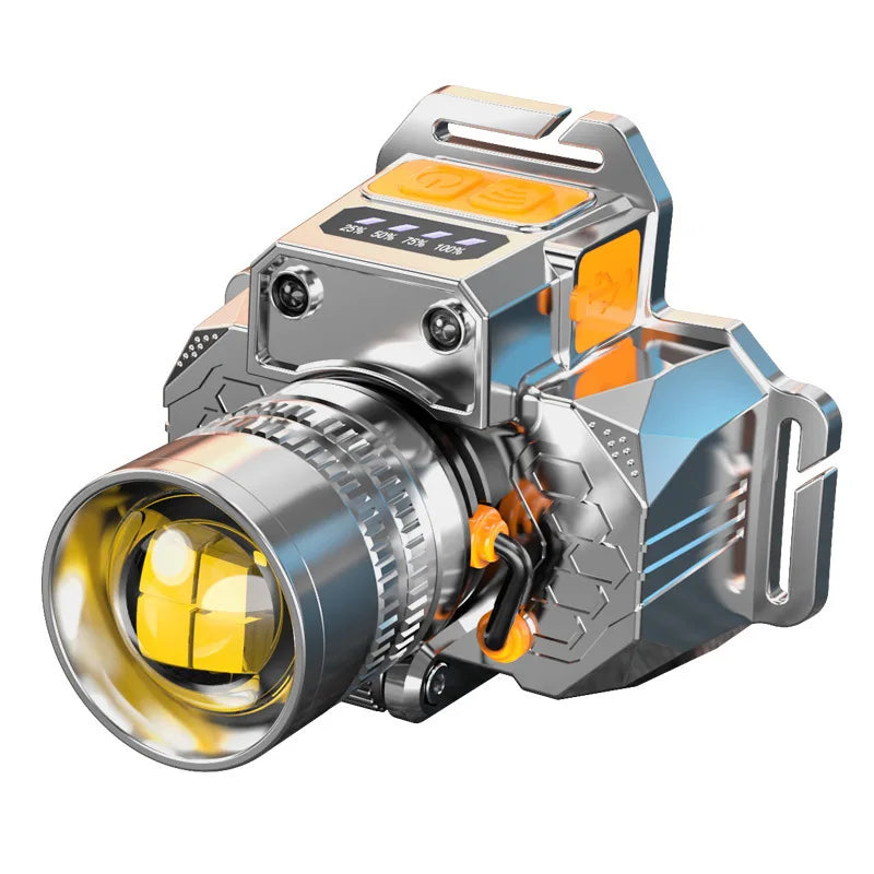lampe frontale rechargeable led argent orange zoomable ceinture ajustable affichage numérique moderne technologiqueextérieur camping