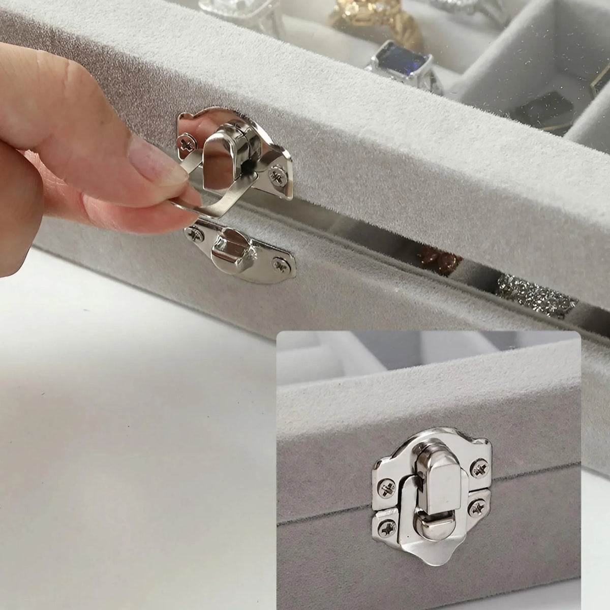 boîte bijoux velours blanc gris rose moderne compartiments boucles d'oreilles compartiment bague carte visite