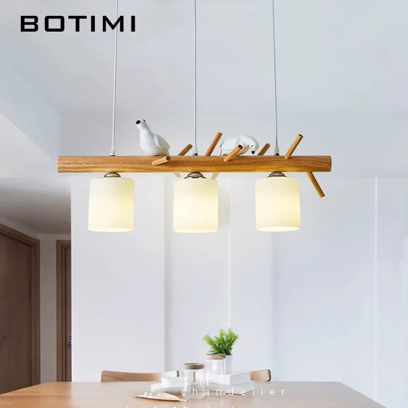 lampe suspendue moderne oiseaux blancs texture bois naturel chambre salon lumière chaînes blanches abat