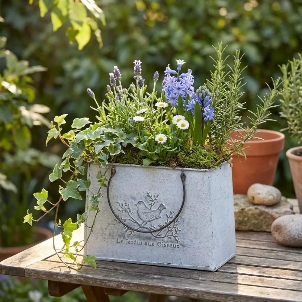 vase vintage sac main oiseau jardin feuilles romarin fleurs blé gravé rustique