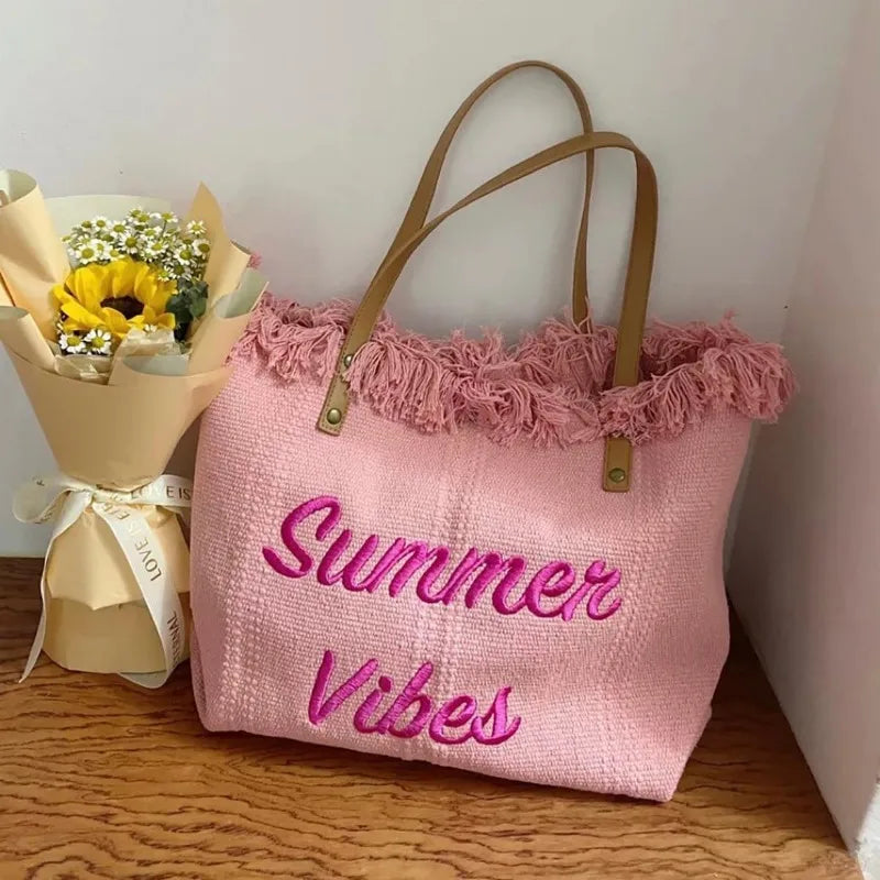 sac main toile vert olive rose beige clair franges été pliable durable haute qualité