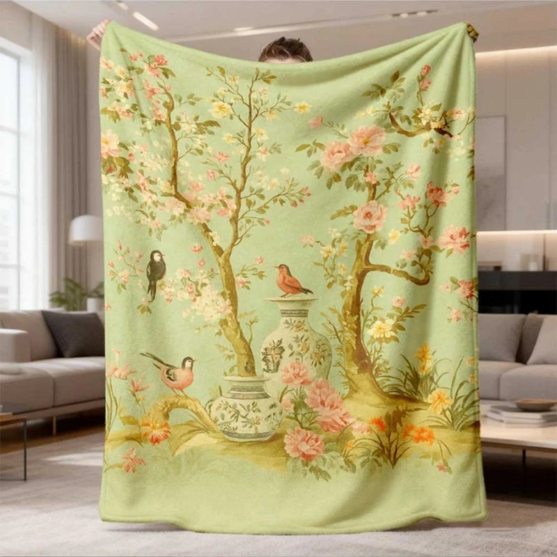 couverture polyester fleur oiseau arbre vintage classique floral grande taille automne