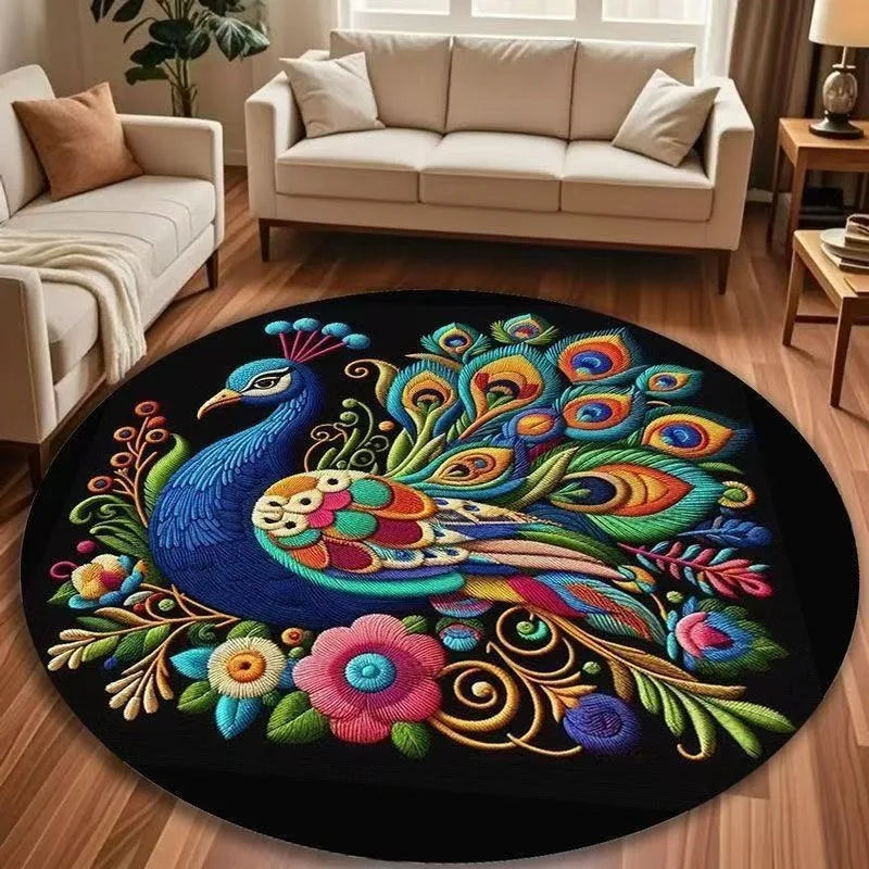 tapis rond moderne paon floral antidérapant salon chambre enfants 120x120cm 80x80cm 40x40cm