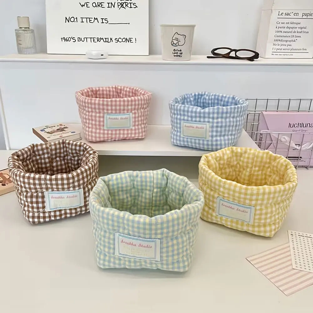 panier rangement tissu carreaux blancs bleu rose jaune vintage utilisation multiple portable opacité