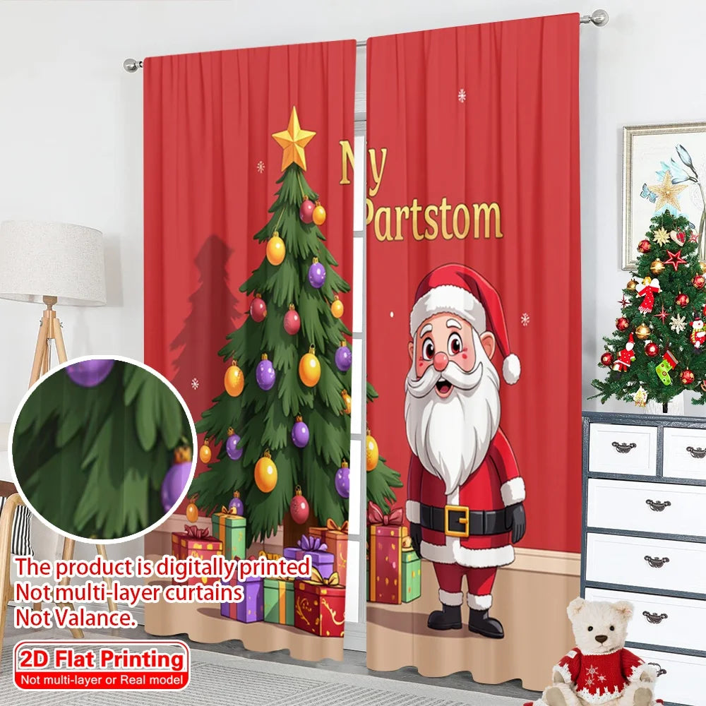 rideau noël classique père noël arbre décor rouge vert or flocons opaques polyester