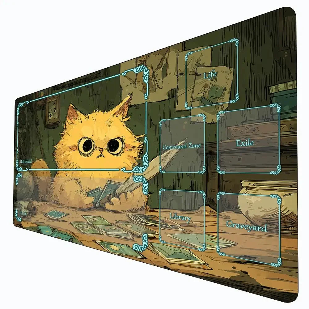 tapis jeu illustration chat cartes texturé zones jeu vert beige bleu clair art détaillé