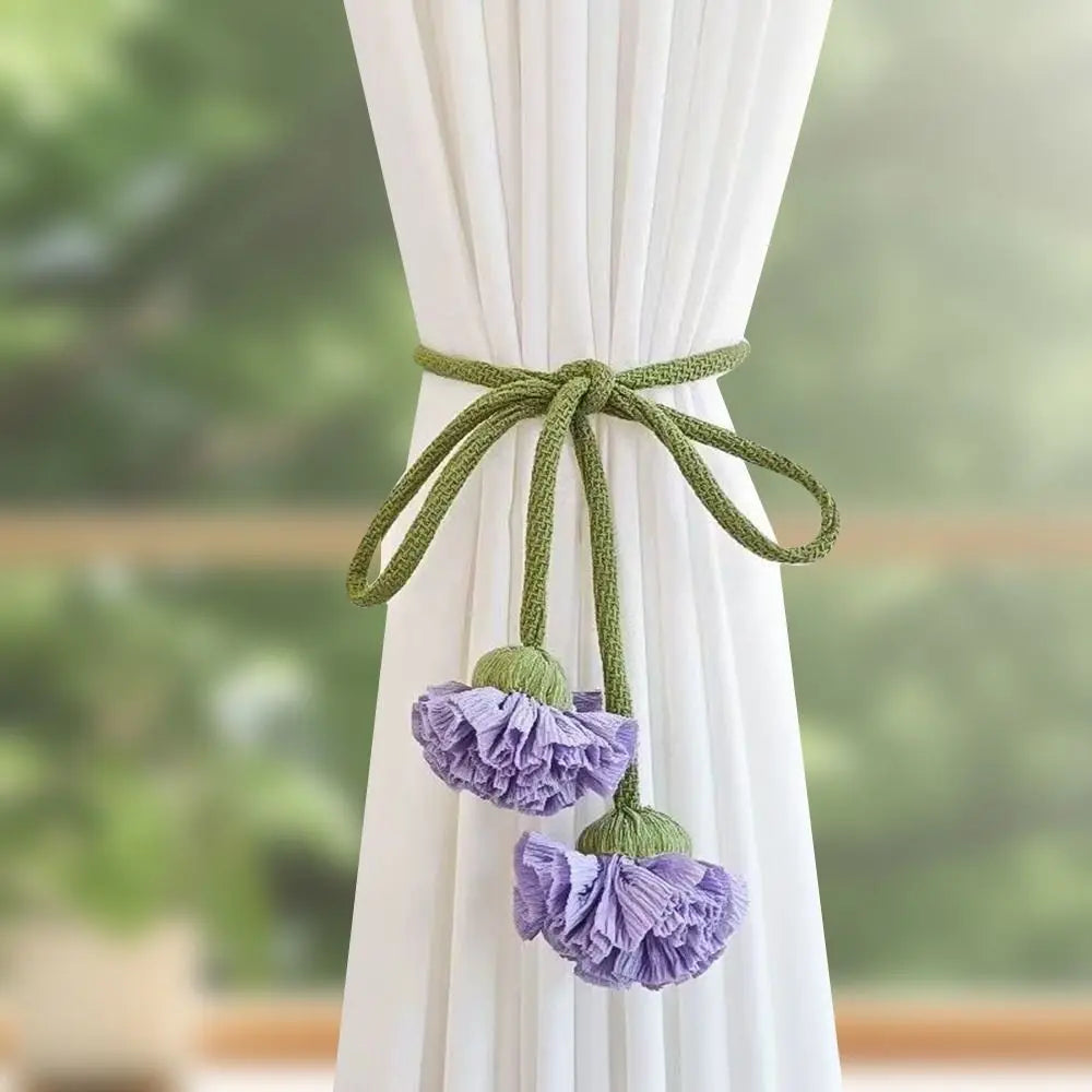 rideau polonais blanc fleurs coton moderne elastic band attache pompon