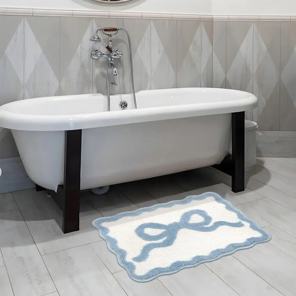 tapis bain blanc rose ruban brodé bordure dentelée classique vinyle 60cm 80cm doux épais
