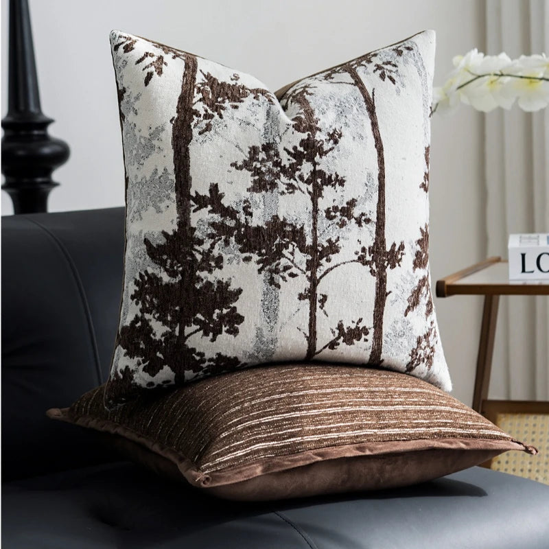 housse coussin marron motif arbre moderne décoration intérieure jacquard polyester 30x50cm 45x45cm fixations