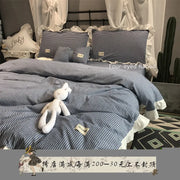 Housse de couette en coton gaze personnalisable, ensemble 4 pieces a rayures verticales pour une chambre elegante