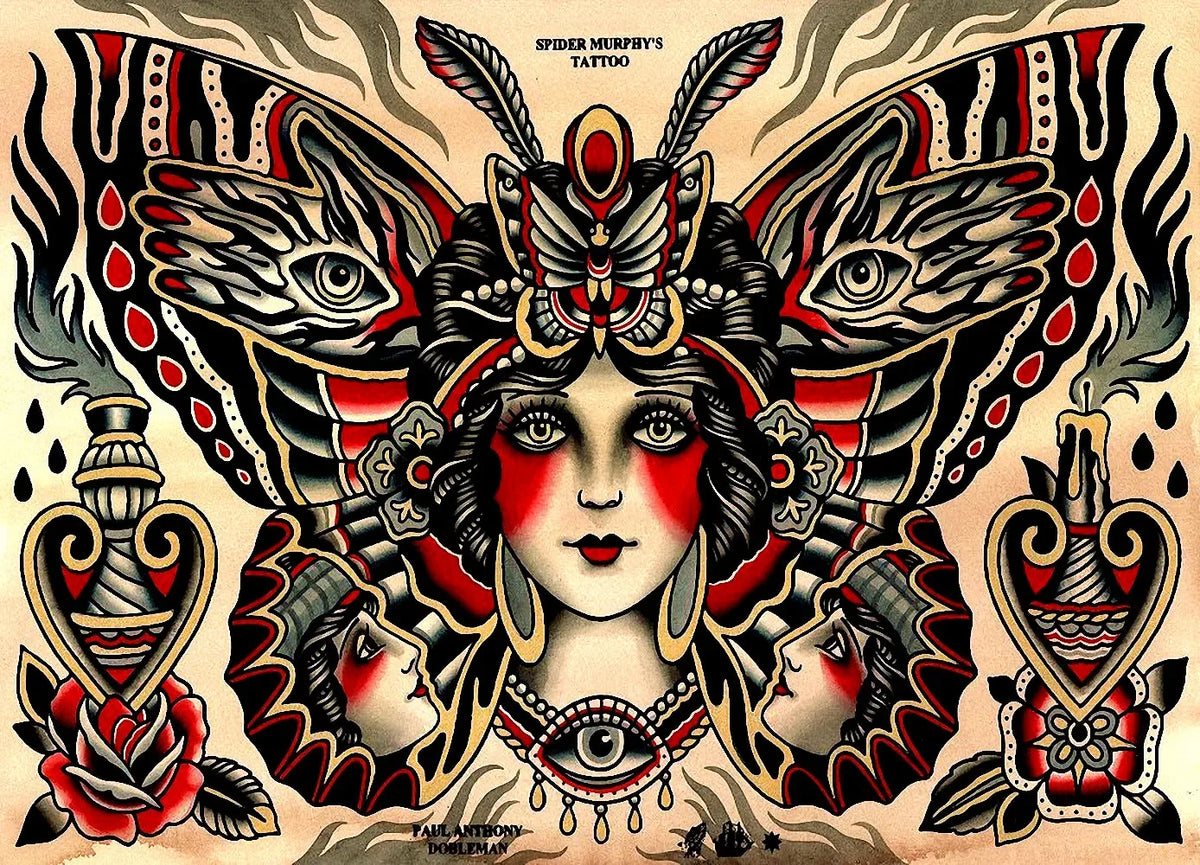 sticker autocollant tatouage vintage motifs traditionnels fleurs animaux symboles rouge noir beige blanc bleu