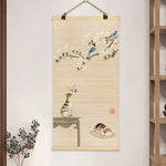 rideau rouleau bambou art traditionnel oriental fleurs oiseaux motifs crochets métalliques opaques entrée maison