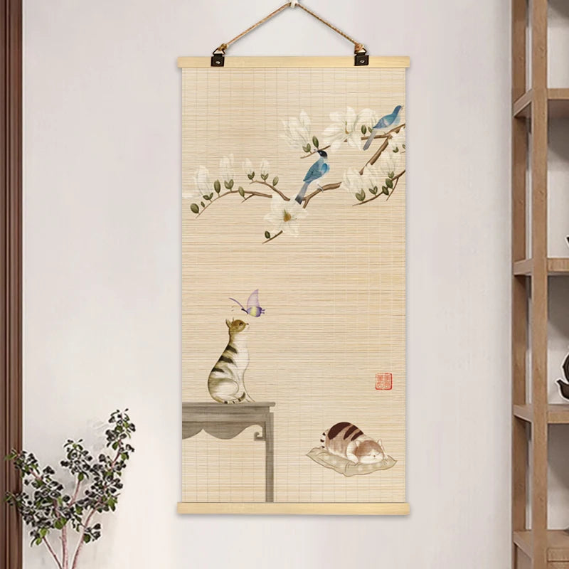 rideau rouleau bambou art traditionnel oriental fleurs oiseaux motifs crochets métalliques opaques entrée maison