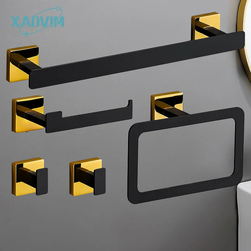 ensemble salle bain moderne noir doré porte serviettes porte rouleau savon inox