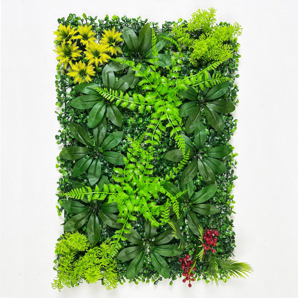 panneau mural végétal artificiel feuilles fleurs jaunes baies rouges naturel contemporain opaqueextérieur