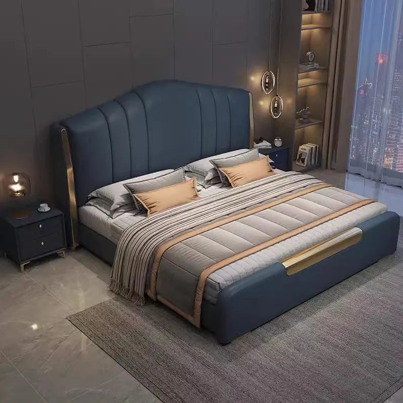 lit double moderne tête lit rembourrée matelas coussins tapis tabourets
