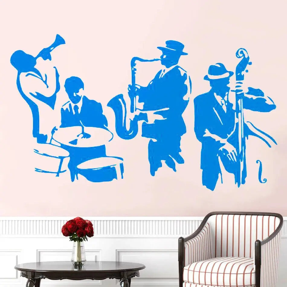 sticker mural musiciens instruments jazz noir jaune rose bleu orange artiste solide carrelage mur