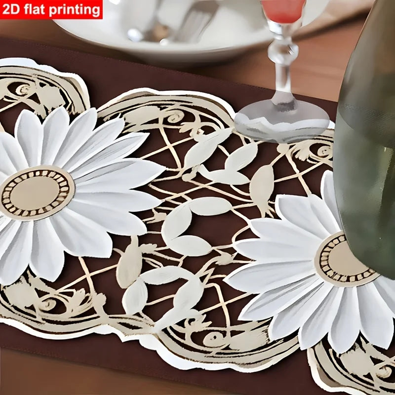 nappe lin marron motifs tournesols floral vintage dimension 90x35 150x59