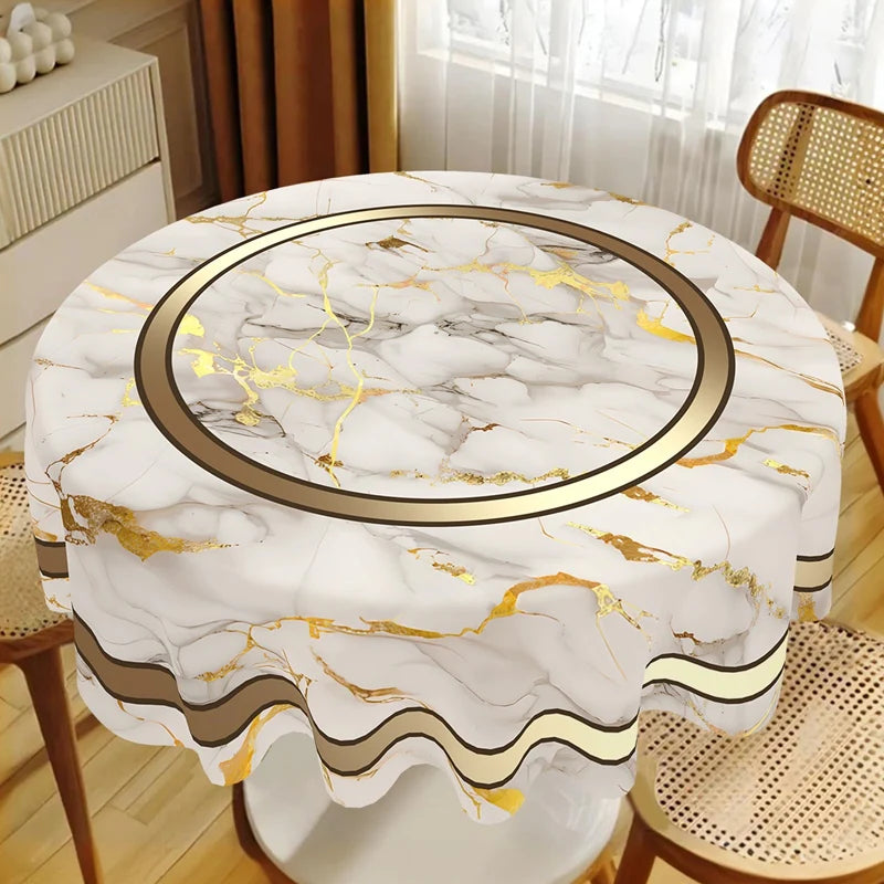 nappe élégante imitation marbre veines dorées bordure décorative moderne polyestre table rectangulaire ronde blanc