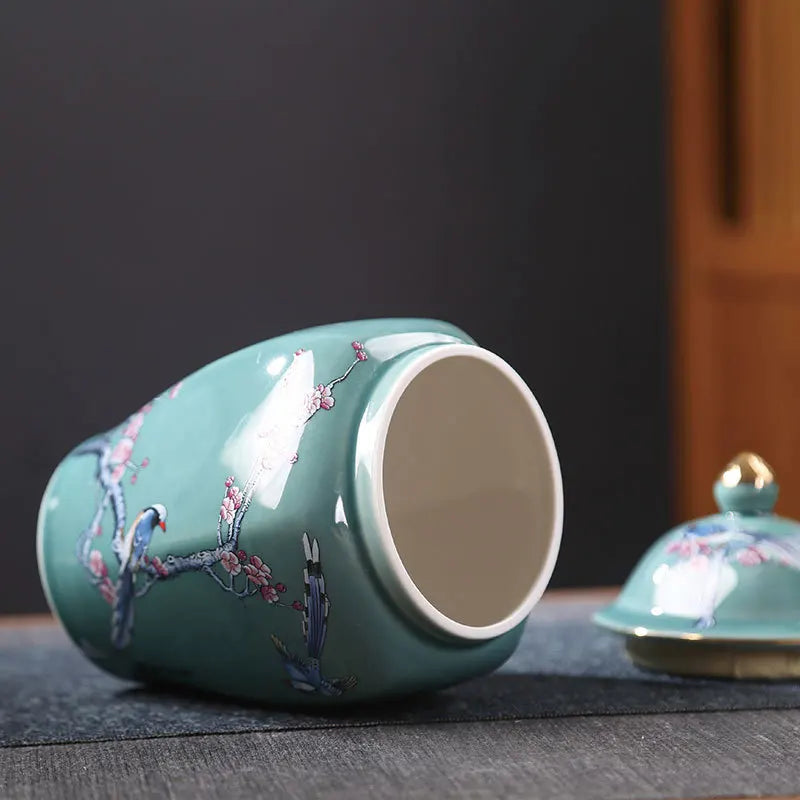 pot thé céramique artisanal fleurs oiseaux peintes main vert clair traditionnel couvercleDecorationMaisonVaseFleurs