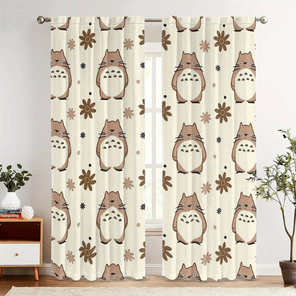 rideau motif dessins animés personnages ronds fleurs moderne beige clair marron clair opaques fenêtre
