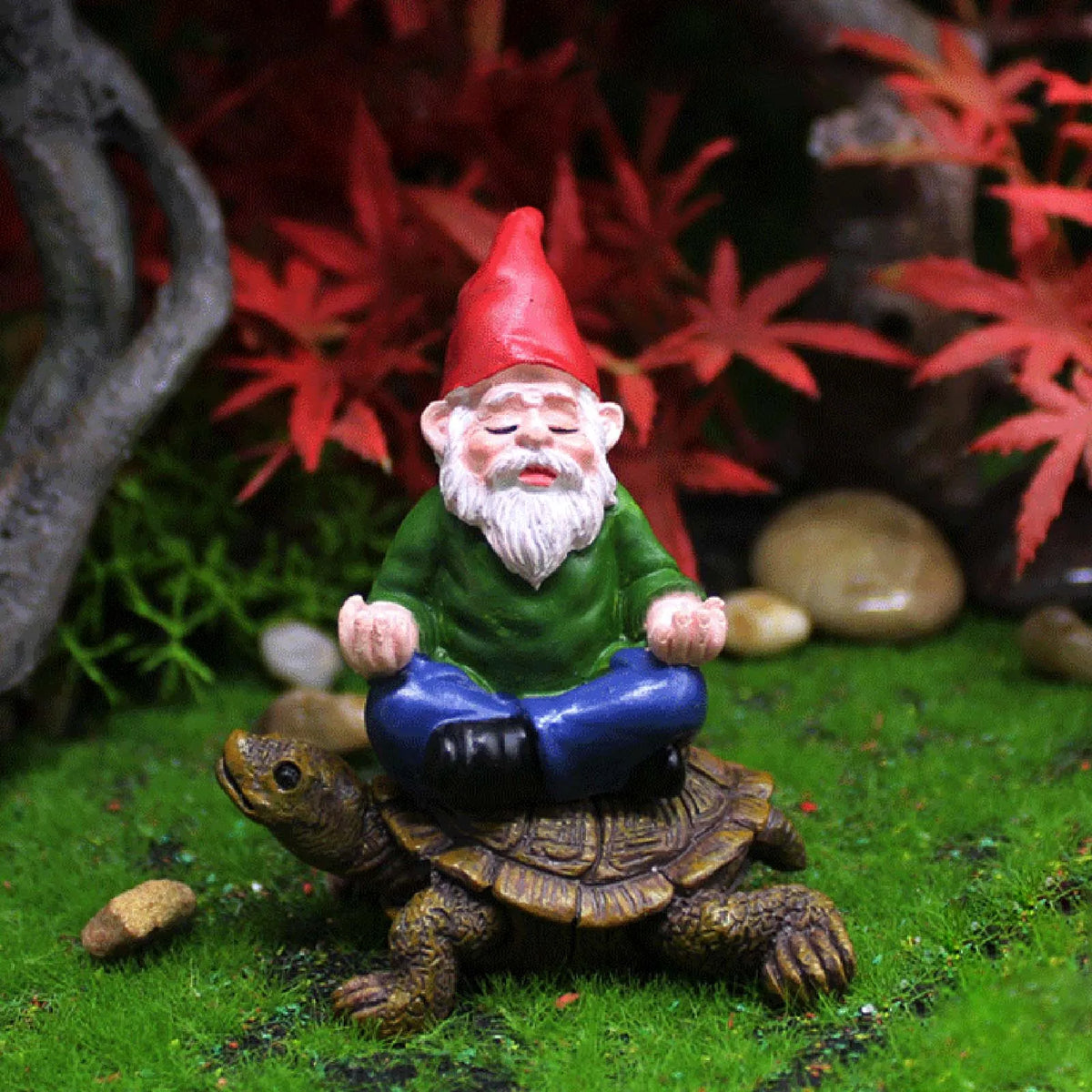 statuette lutin tortue jardin decoration extérieure résine verte bleue rouge blanche moderne
