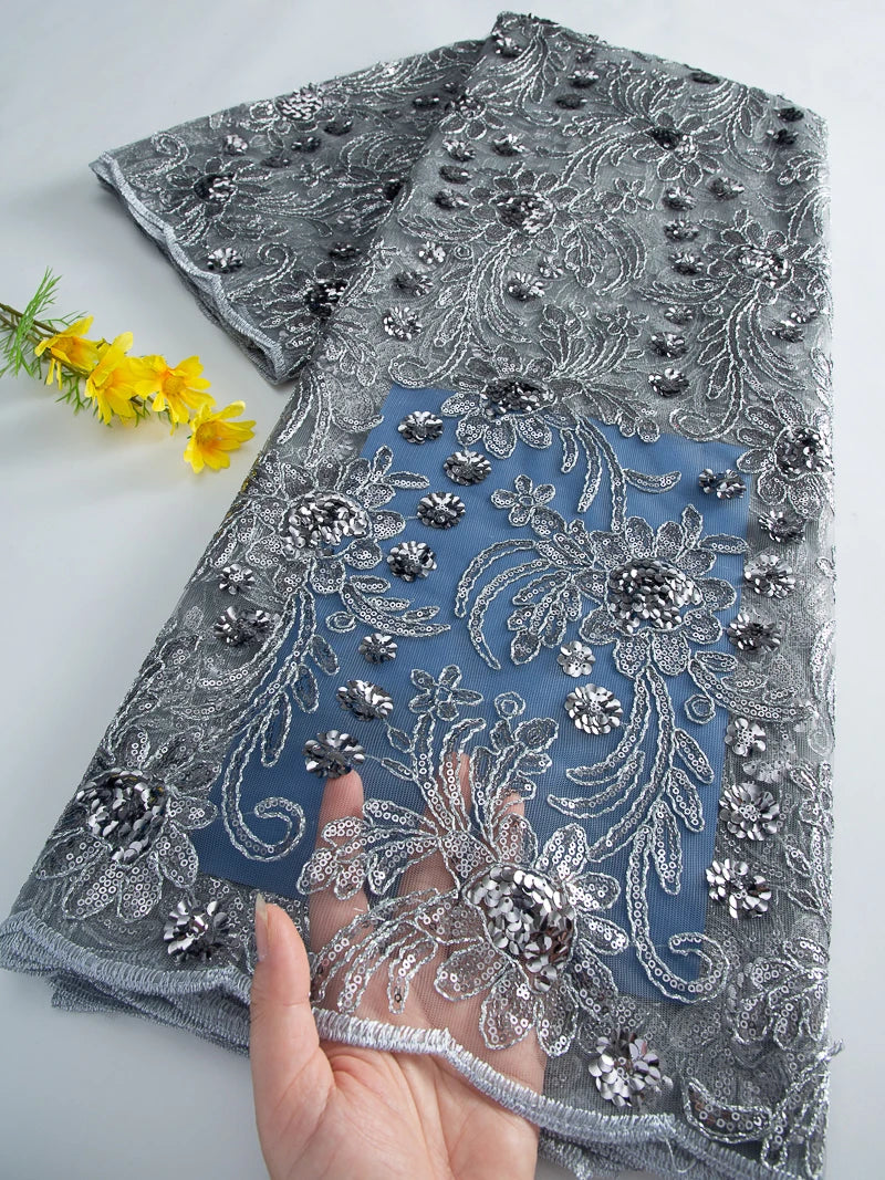 tissu polyester floral pailleté orange doré bleu vert translucide brodé party wedding prom dress