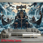 tapisserie viking bleu noir trône hache bateau dragon salon artique fantastique