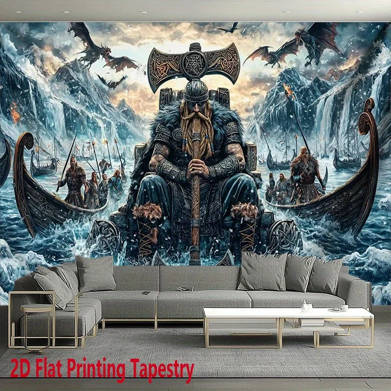 tapisserie viking bleu noir trône hache bateau dragon salon artique fantastique