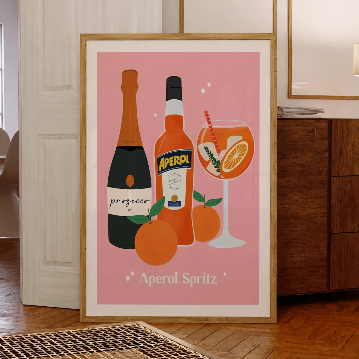 affiche art bouteilles prosecco aperol spritz oranges feuilles vertes texte rose clair illustration cadre