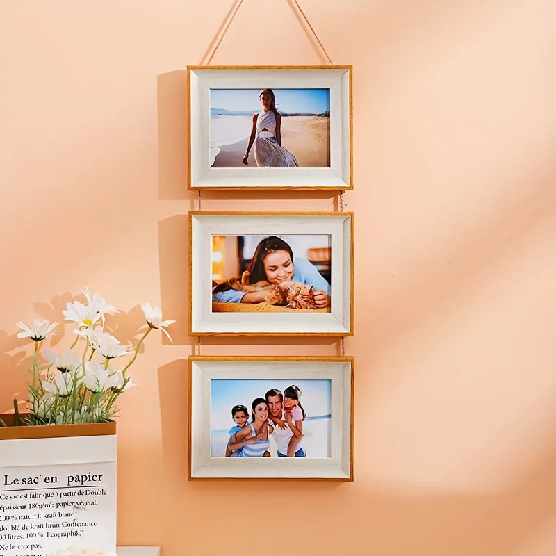 cadres photo suspendus ensemble decoratif rustique familial beige clair blanc texturé