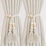 boucles rideau boho chic bois franges coton beige clair anneaux métalliques